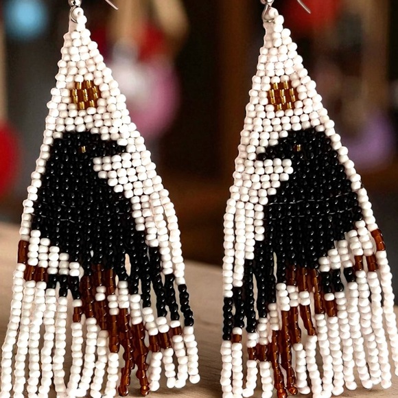 Handcrafted Raven Beaded Earrings Fringe Boho Witchy - Picture 9 of 16